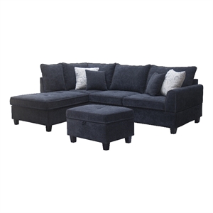Pemberly Row 99&quotW Black Fabric Sectional with Left-Facing Chaise and Ottoman