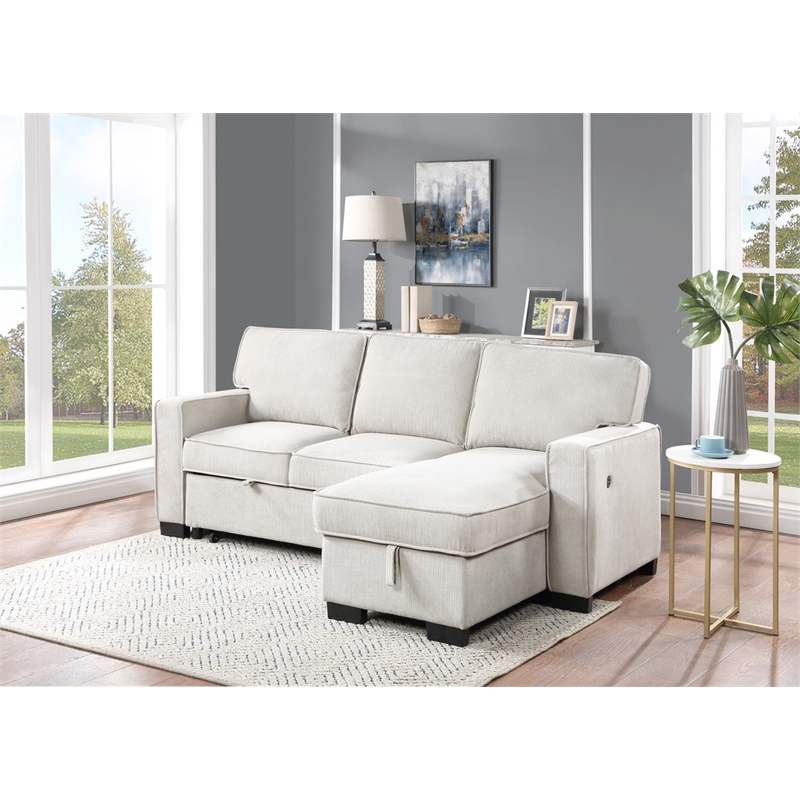 Pemberly Row Beige Fabric Reversible Sleeper Sectional with Storage & USB Ports