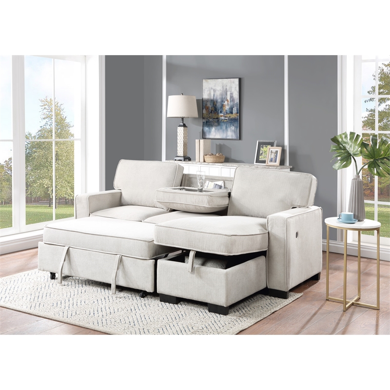 Pemberly Row Beige Fabric Reversible Sleeper Sectional with Storage & USB Ports