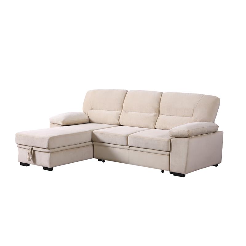 Pemberly Row Beige Velvet Reversible Sleeper Sectional Sofa with Storage Chaise