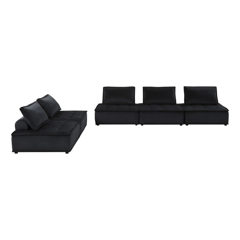Pemberly Row Velvet 5-Piece Modular Sofa and Loveseat with Tufted Seat in Black