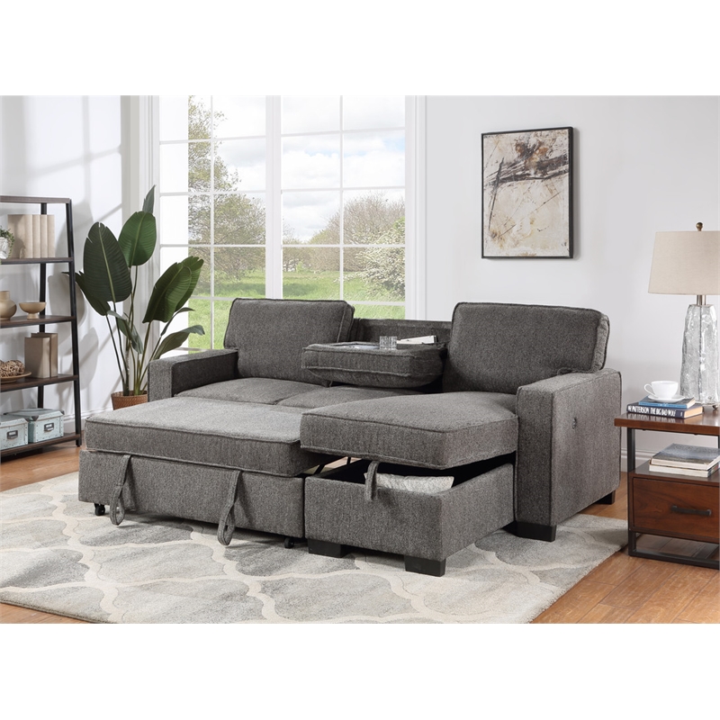 Pemberly Row Dark Gray Fabric Reversible Sleeper Sectional with Storage and USB
