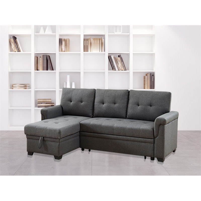 Pemberly Row Dark Gray Fabric Reversible Sleeper Sectional with Storage Chaise