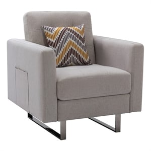 Pemberly Row Beige Linen Fabric Metal-Leg Armchair with Side Pockets & Pillow