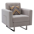 Pemberly Row Beige Linen Fabric Metal-Leg Armchair with Side Pockets & Pillow