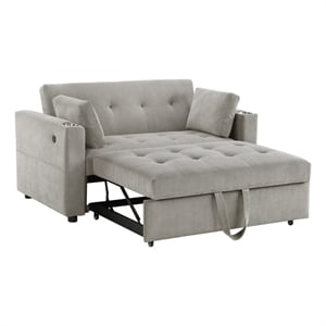 Pemberly Row 57&quot Gray Corduroy Convertible Sleeper Loveseat with USB and Pillows