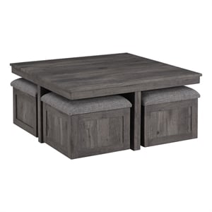 Pemberly Row Brown Rustic Wood Coffee Table with 4 Upholstered Storage Stools