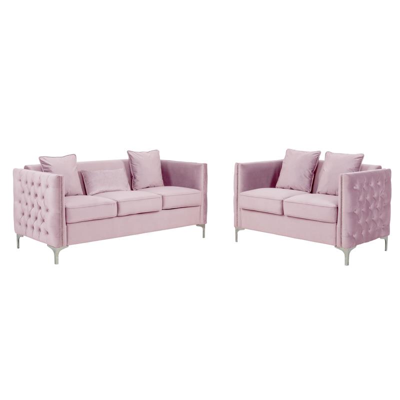 Pemberly Row Pink Velvet Button Tufted Sofa and Loveseat Set with Nailhead Trim