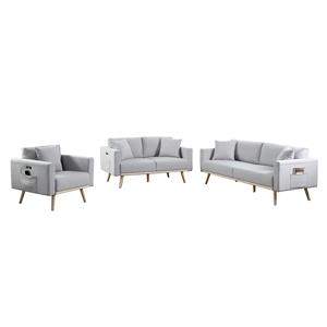 Pemberly Row Light Gray Linen 3-Piece Sofa Set with USB Ports and Wood Trim