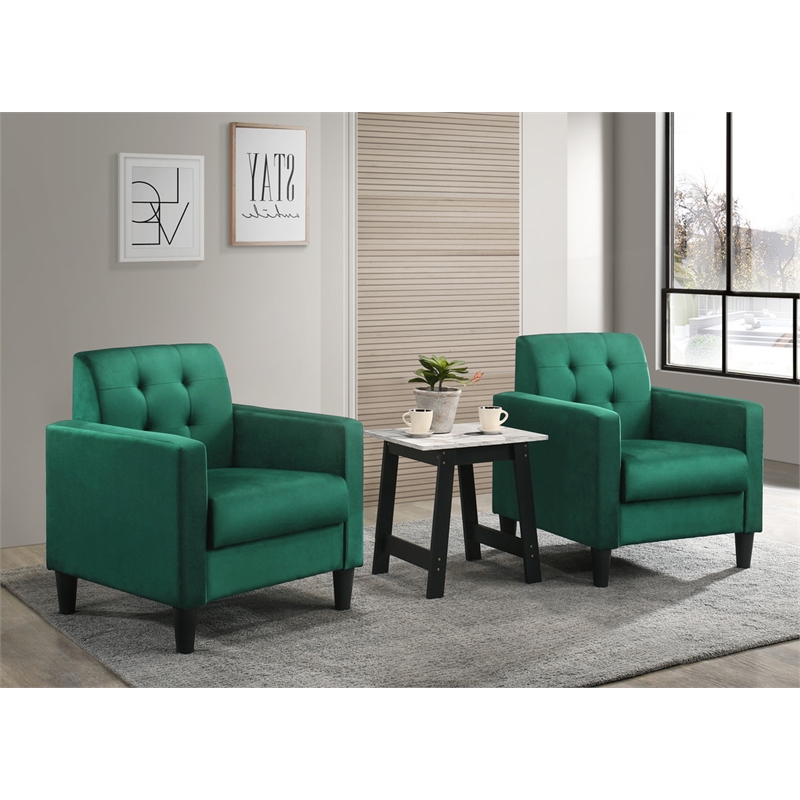 Pemberly Row Green Velvet Tufted Armchairs and End Table Living Room Set