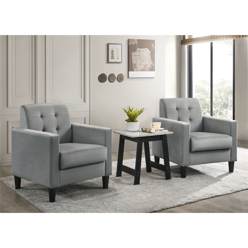 Pemberly Row Light Gray Velvet Tufted Armchairs and End Table Living Room Set