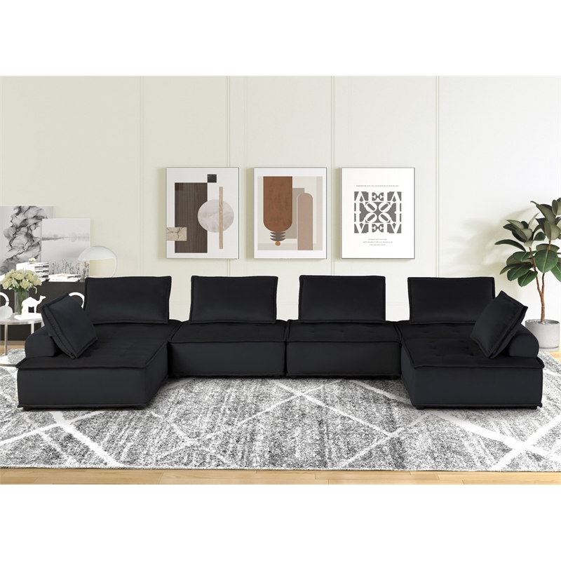 Pemberly Row Velvet 6-Seater U-Shape Modular Sectional Sofa in Black Finish