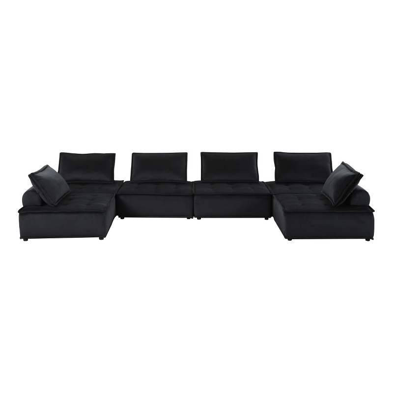 Pemberly Row Velvet 6-Seater U-Shape Modular Sectional Sofa in Black Finish