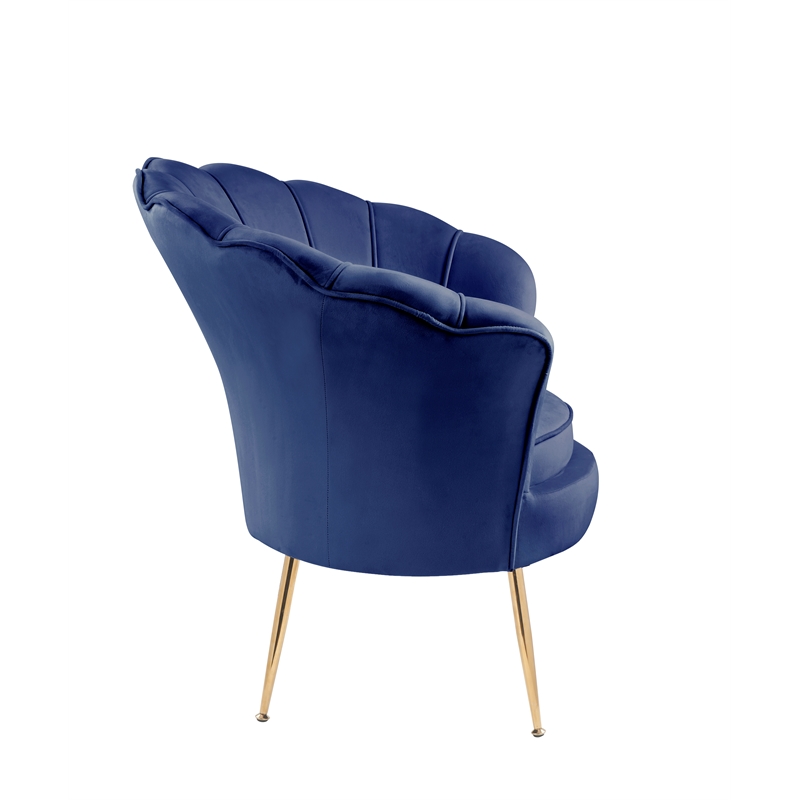 Pemberly Row Blue Velvet Scalloped Back Accent Chair with Gold Metal Legs