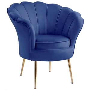 Pemberly Row Blue Velvet Scalloped Back Accent Chair with Gold Metal Legs