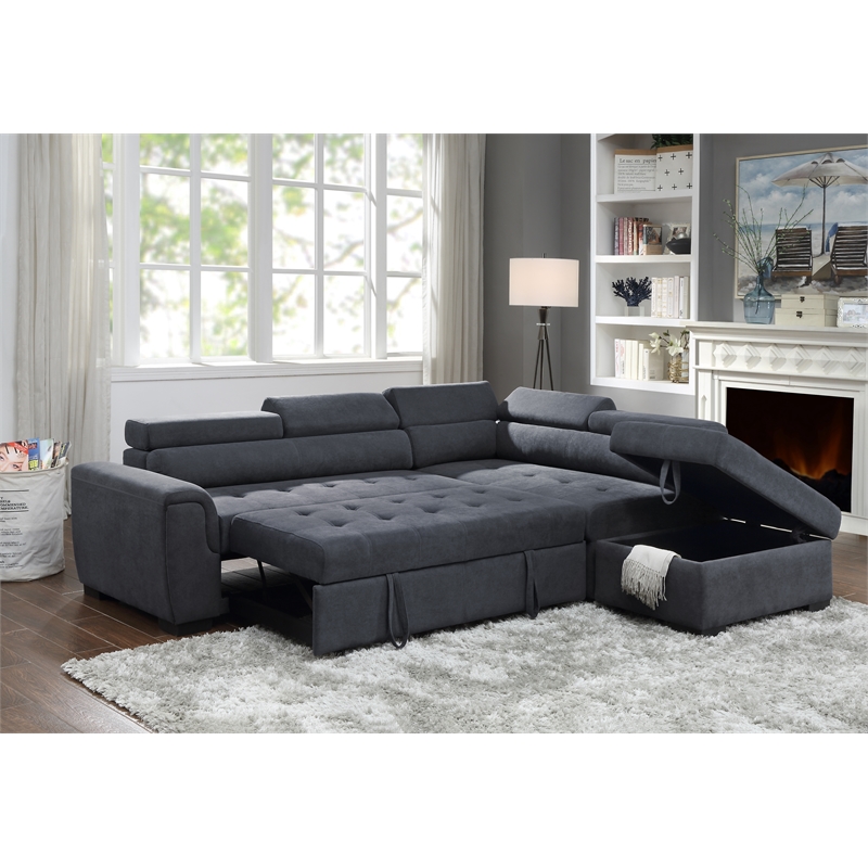 Pemberly Row Gray Fabric Sleeper Sofa Sectional with Storage Ottoman and Stools