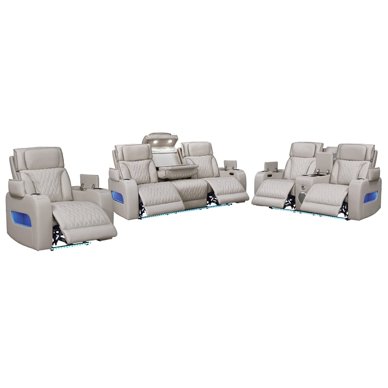 Pemberly Row White Faux Leather Power Reclining 3-Piece Set with LED and USB