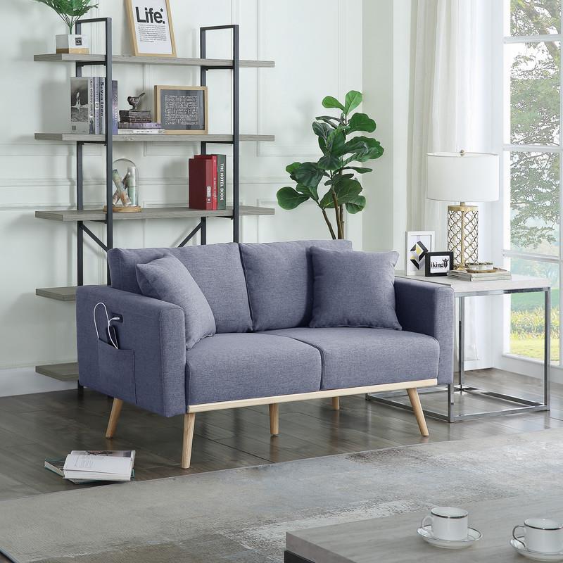 Pemberly Row Dark Gray Linen USB-Equipped Loveseat with Pockets and Pillows