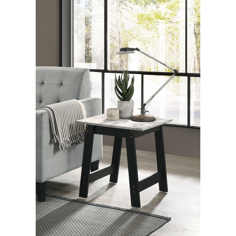 Pemberly Row Black Wood End Table with Faux Marble Top Finish
