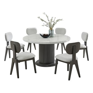 Pemberly Row 7-Piece 54&quot Round White Faux Marble Dining Set in Light Gray