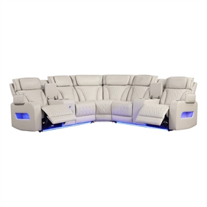 Pemberly Row 117&quot White Faux Leather Power Reclining Sectional w/ Bluetooth LED
