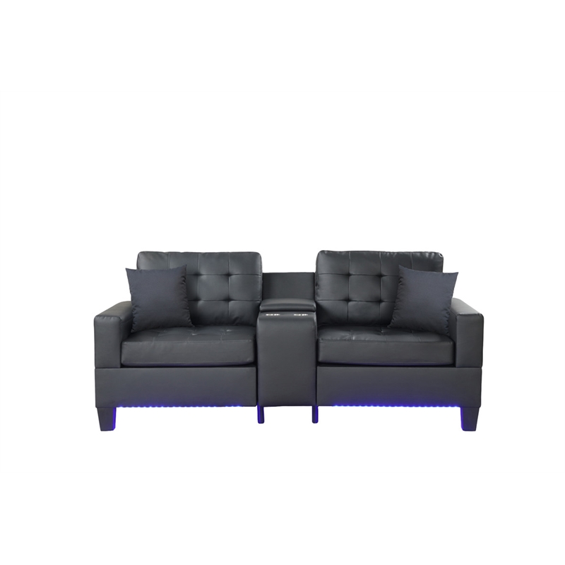 Pemberly Row Black PVC LED Living Room Set with USB Storage and Cupholders