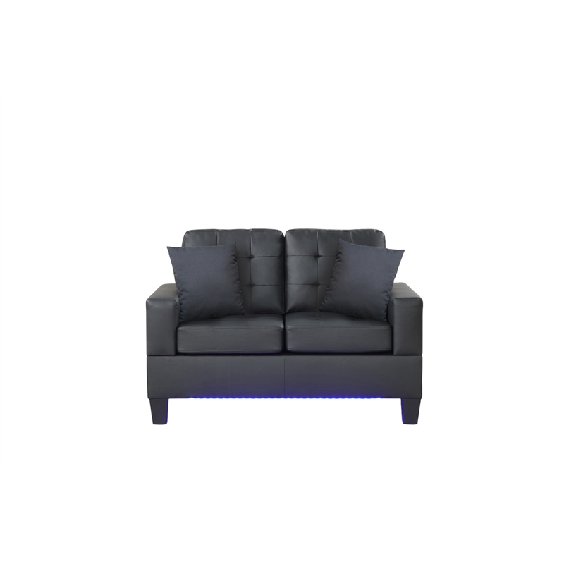 Pemberly Row Black PVC LED Living Room Set with USB Storage and Cupholders