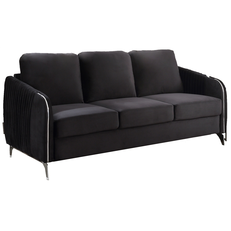 Pemberly Row Black Velvet Channel-Quilted Sofa with Chrome Arms and Legs