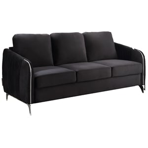 Pemberly Row Black Velvet Channel-Quilted Sofa with Chrome Arms and Legs