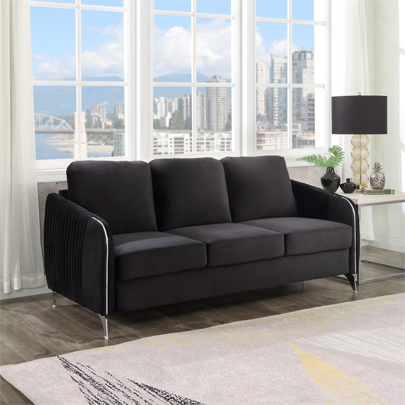 Pemberly Row Black Velvet Channel-Quilted Sofa with Chrome Arms and Legs