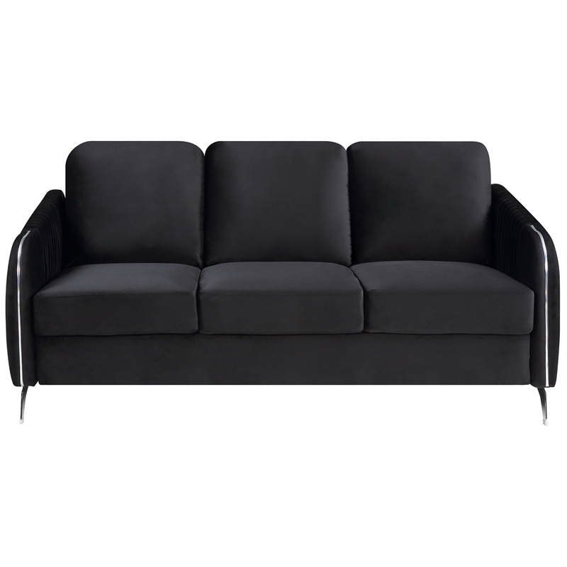 Pemberly Row Black Velvet Channel-Quilted Sofa with Chrome Arms and Legs