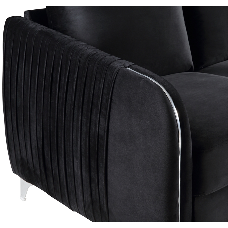 Pemberly Row Black Velvet Channel-Quilted Sofa with Chrome Arms and Legs