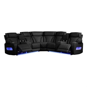 Pemberly Row 117&quot Black Faux Leather Power Reclining Sectional with Bluetooth