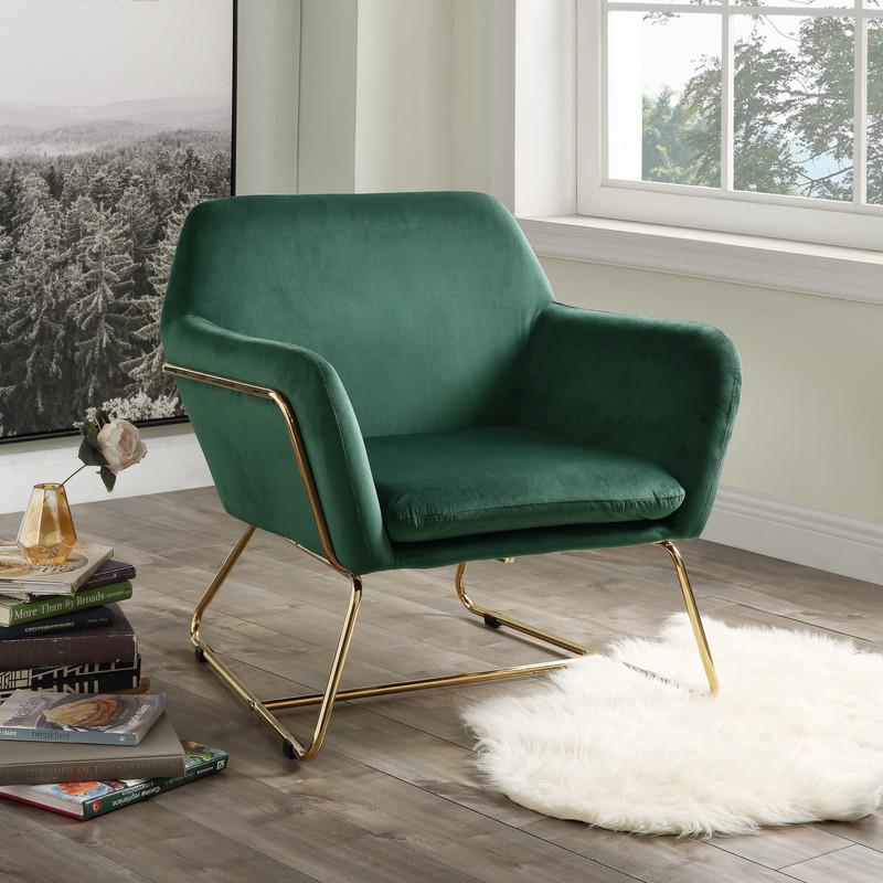 Pemberly Row Soft Velvet Accent Arm Chair with Gold Metal Base in Green