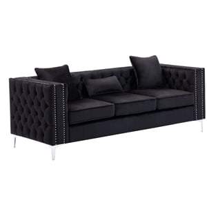Pemberly Row Button Tufted Black Velvet Glam Sofa with Chrome Legs and Pillows