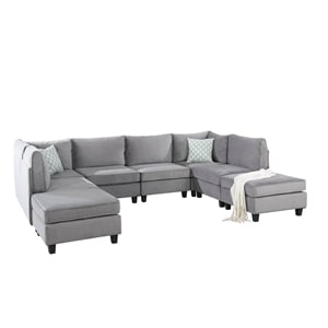 Pemberly Row 120&quot Gray Velvet 8-Piece Modular Sectional with 2 Ottomans