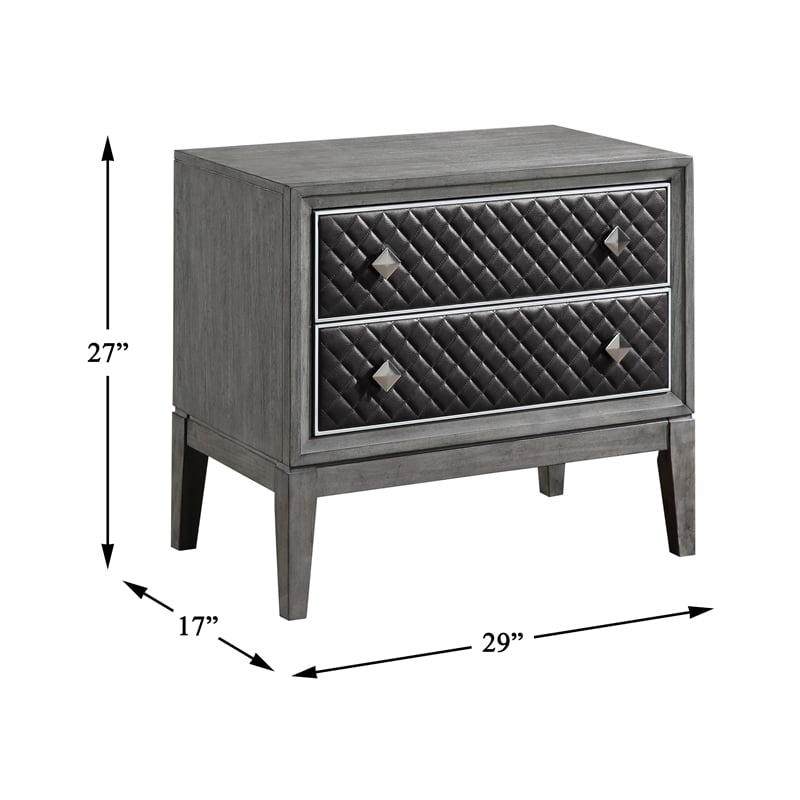 Pemberly Row Wire-Brushed Gray Nightstand with Quilted Faux Leather Drawers