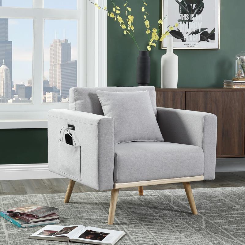 Pemberly Row Light Gray Linen Chair with USB Charging Ports Pockets and Pillow