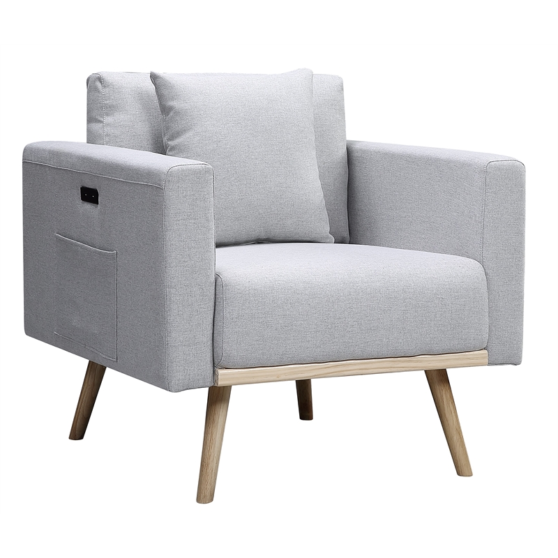 Pemberly Row Light Gray Linen Chair with USB Charging Ports Pockets and Pillow