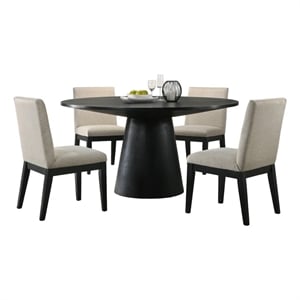 Pemberly Row 5Pc 59&quot Round Ebony Black Dining Set with Beige Fabric Chairs