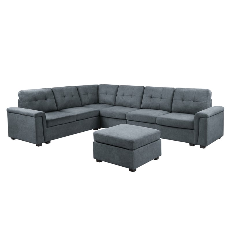 Pemberly Row Gray Woven Fabric 7-Seater Corner Sectional Sofa with Ottoman