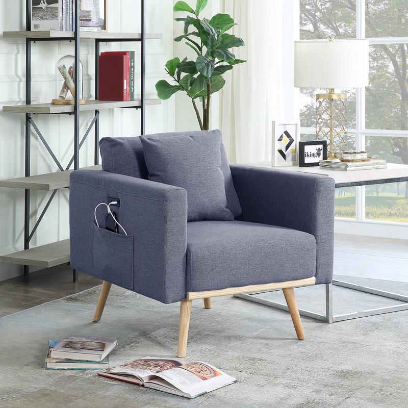 Pemberly Row Dark Gray Linen Fabric Chair with USB Charging Ports and Pockets