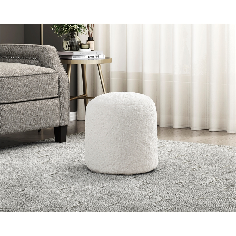 Pemberly Row Faux Fur Fabric Cylindrical Accent Pouf in Off White