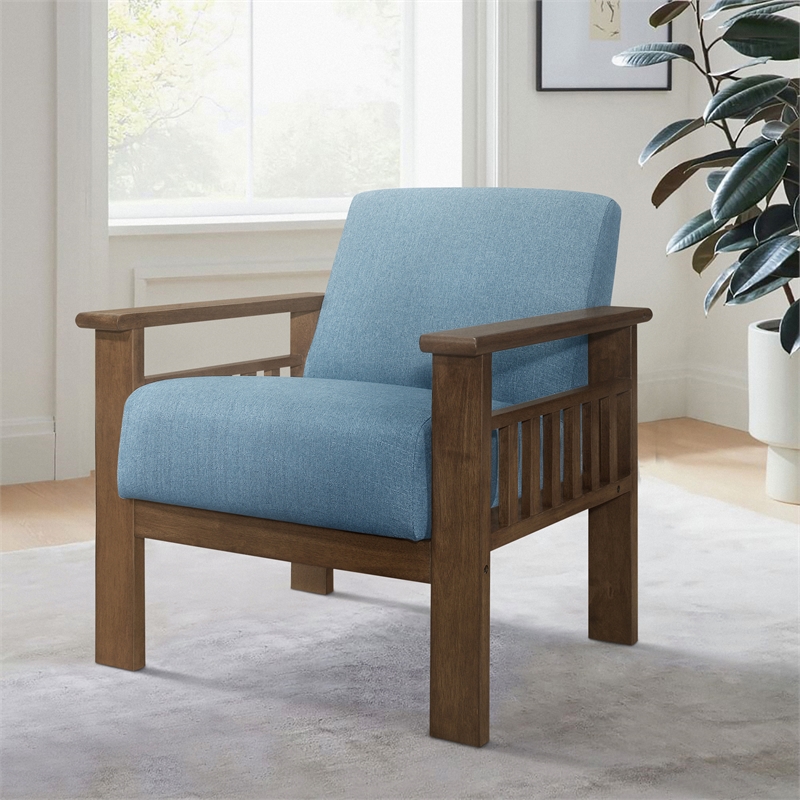 Pemberly Row Mid-Century Solid Wood and Fabric Accent Chair in Walnut & Blue