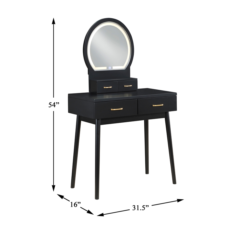 Pemberly Row LED-Lighted Vanity Dresser With Mirror and Stool in Black