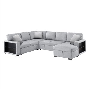 Pemberly Row Boucle 4-Piece Sectional With Right Chaise and Pull-Out Bed in Gray