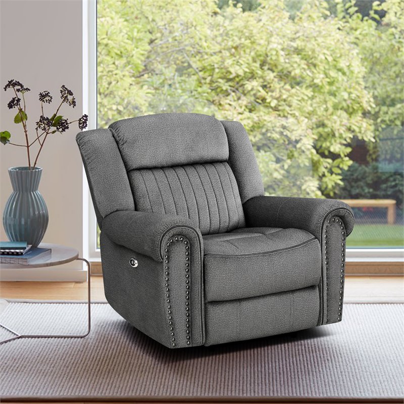 Pemberly Row Microfiber Power Reclining Chair With Nailhead Trim in Charcoal