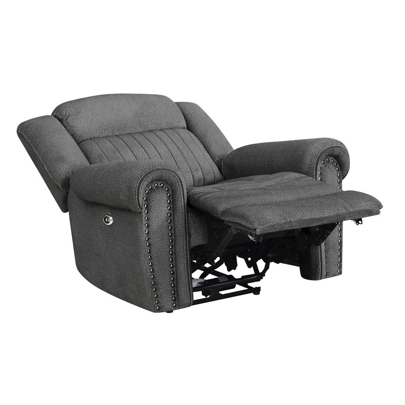 Pemberly Row Microfiber Power Reclining Chair With Nailhead Trim in Charcoal