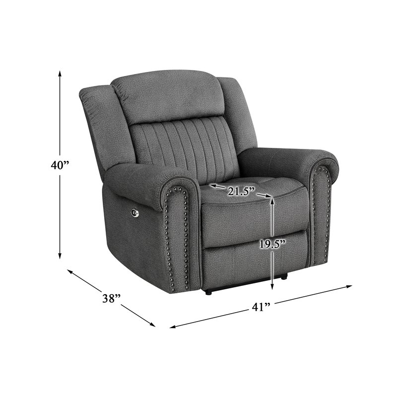 Pemberly Row Microfiber Power Reclining Chair With Nailhead Trim in Charcoal