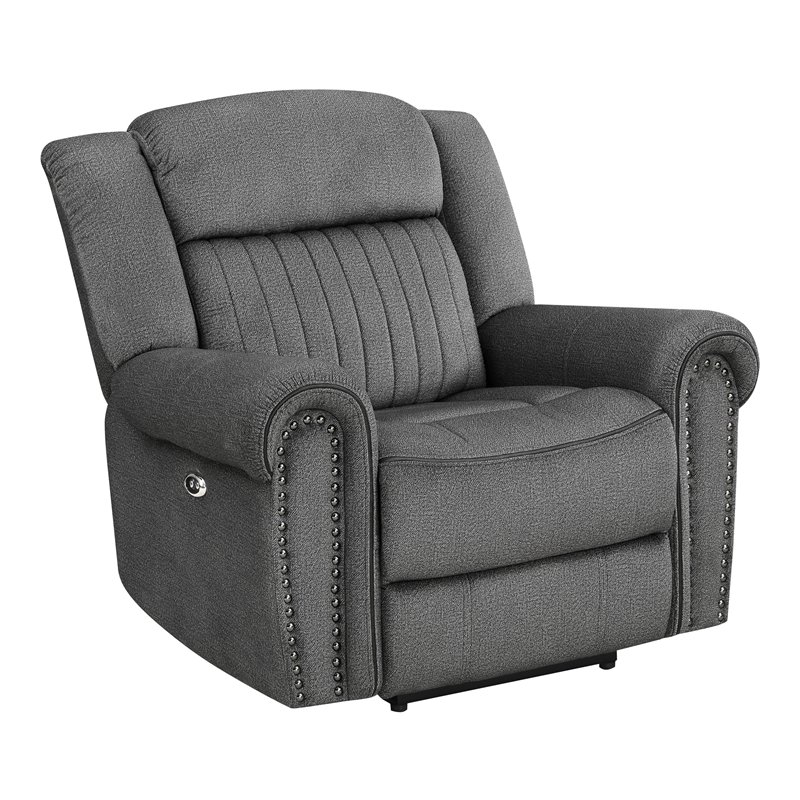 Pemberly Row Microfiber Power Reclining Chair With Nailhead Trim in Charcoal